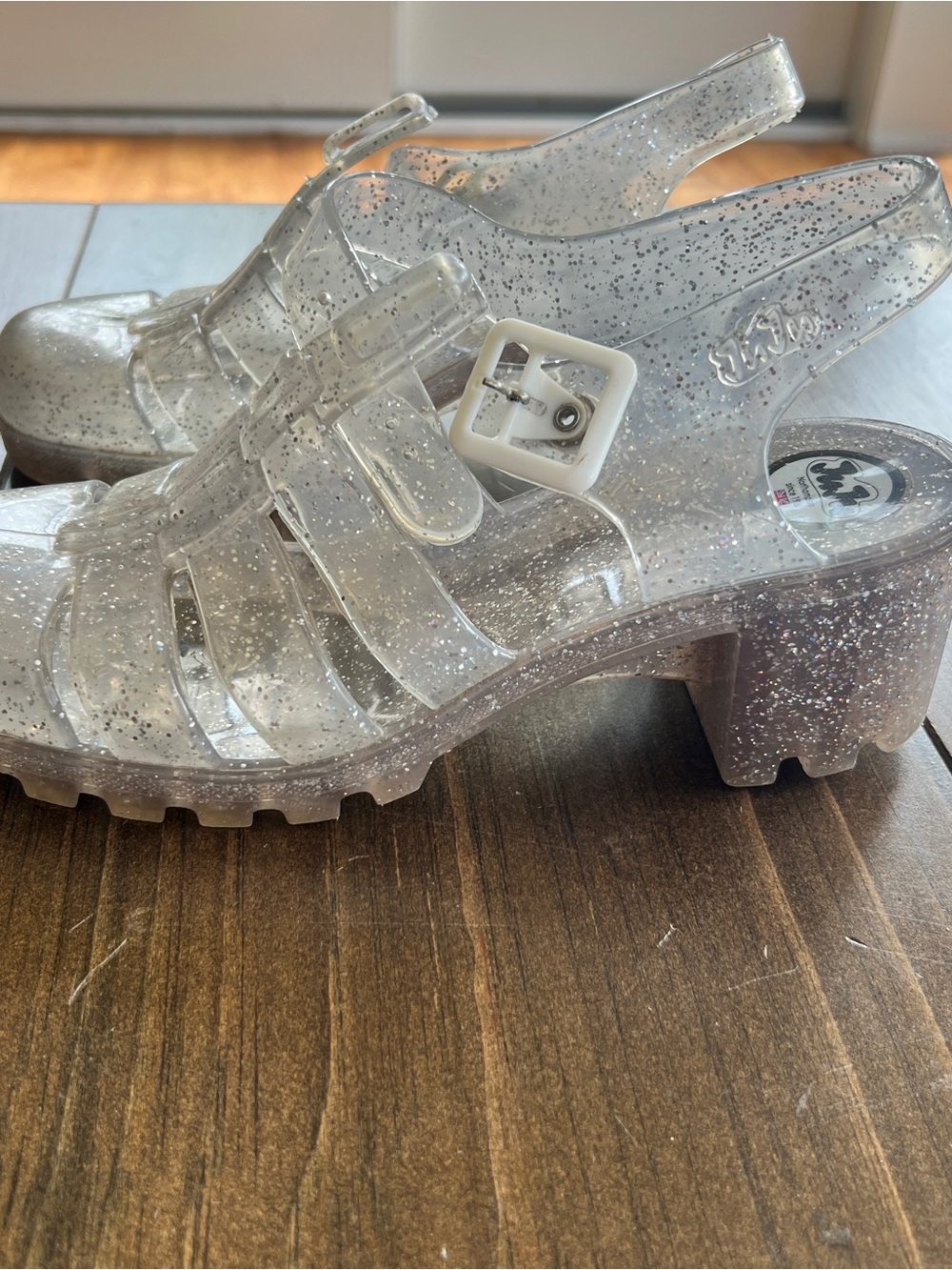 Juju Babe Women’s Clear Glitter Jelly Heeled Sandals-size 7.5
